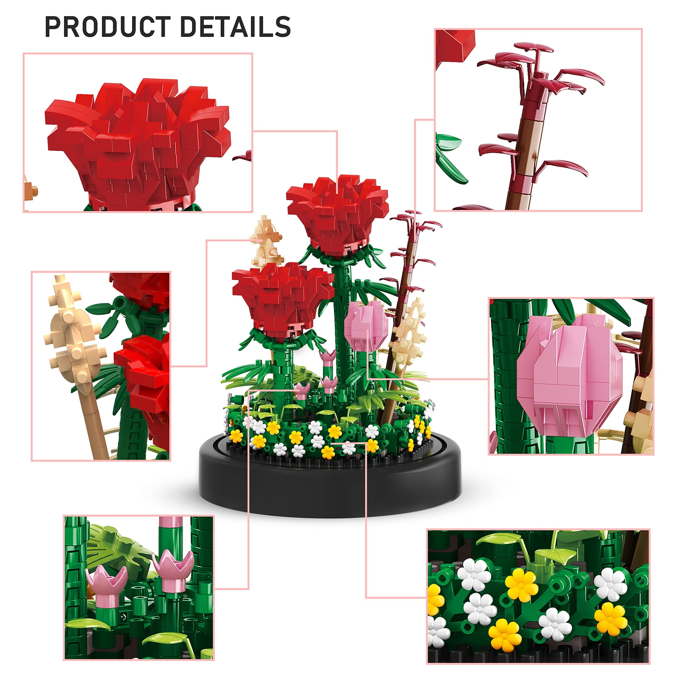 593 PCS Flower Rose Bouquet Building Kit DIY Flowers Toys Gift Bonsai Tree Sets with Cover Botanical Collection Building Blocks Bricks Mother'S Day Gift