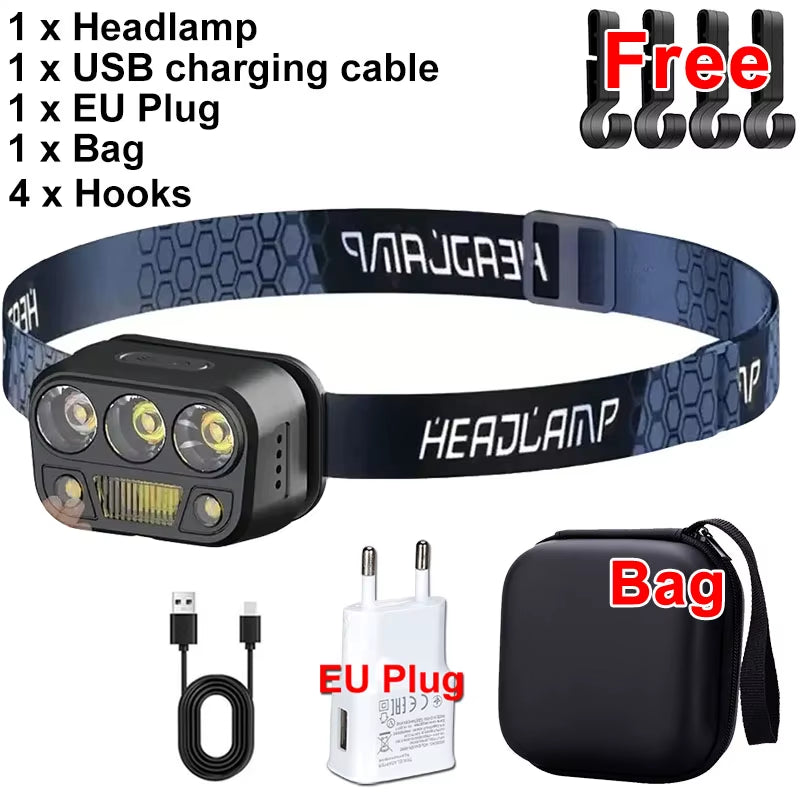 LED Headlamp Flashlight Rechargeable Induction Light Fishing Lamp Light Support White Light Ultra-Light Emergency Climbing Light
