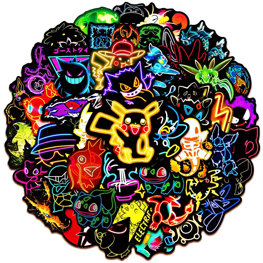 10/30/50Pcs Cool Anime Neon Pokemon Stickers Pikachu Cartoon Decals for Kids Toy Waterproof DIY Phone Skateboard Cute Sticker