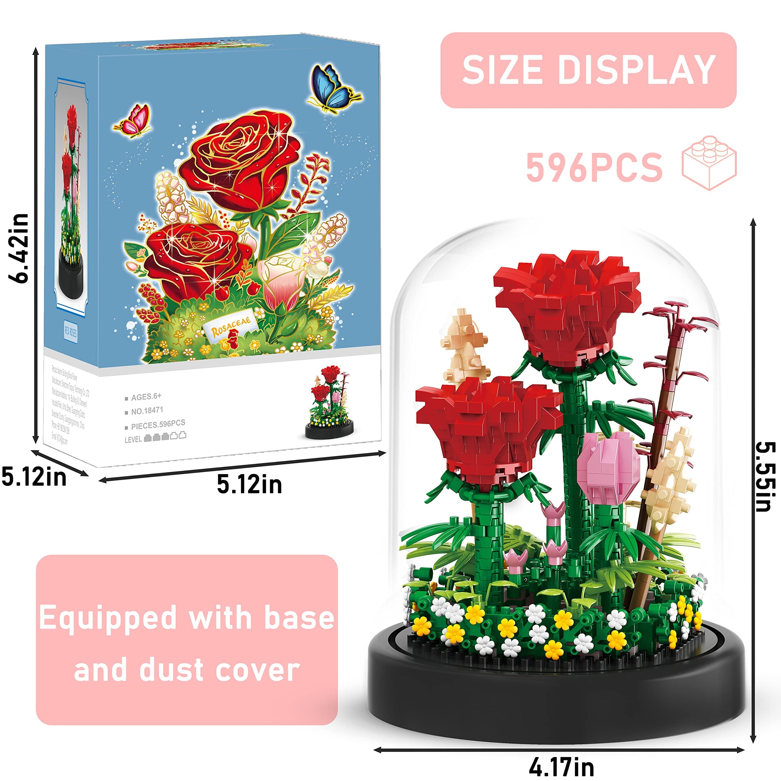 593 PCS Flower Rose Bouquet Building Kit DIY Flowers Toys Gift Bonsai Tree Sets with Cover Botanical Collection Building Blocks Bricks Mother'S Day Gift