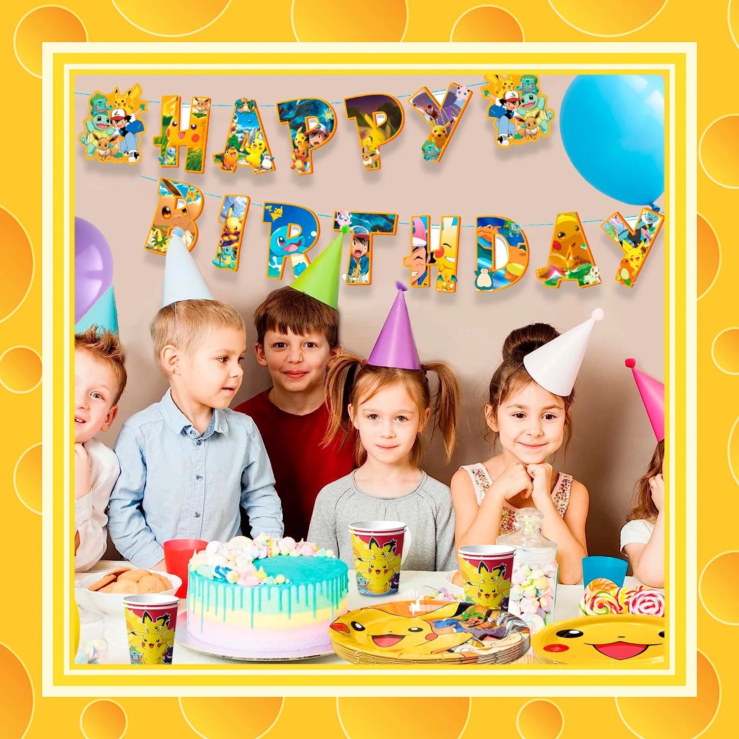 Pokemon Theme Birthday Party Decoration Tableware Set, 114 Pcs Pokemon Party Supplies Tableware - Pokemon Table Cloth Banner Plates Napkins Cups for Pokemon Birthday Party Decorations