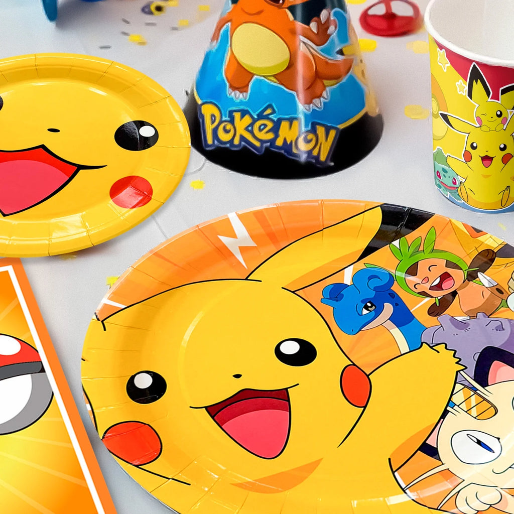 Pokemon Theme Birthday Party Decoration Tableware Set, 114 Pcs Pokemon Party Supplies Tableware - Pokemon Table Cloth Banner Plates Napkins Cups for Pokemon Birthday Party Decorations