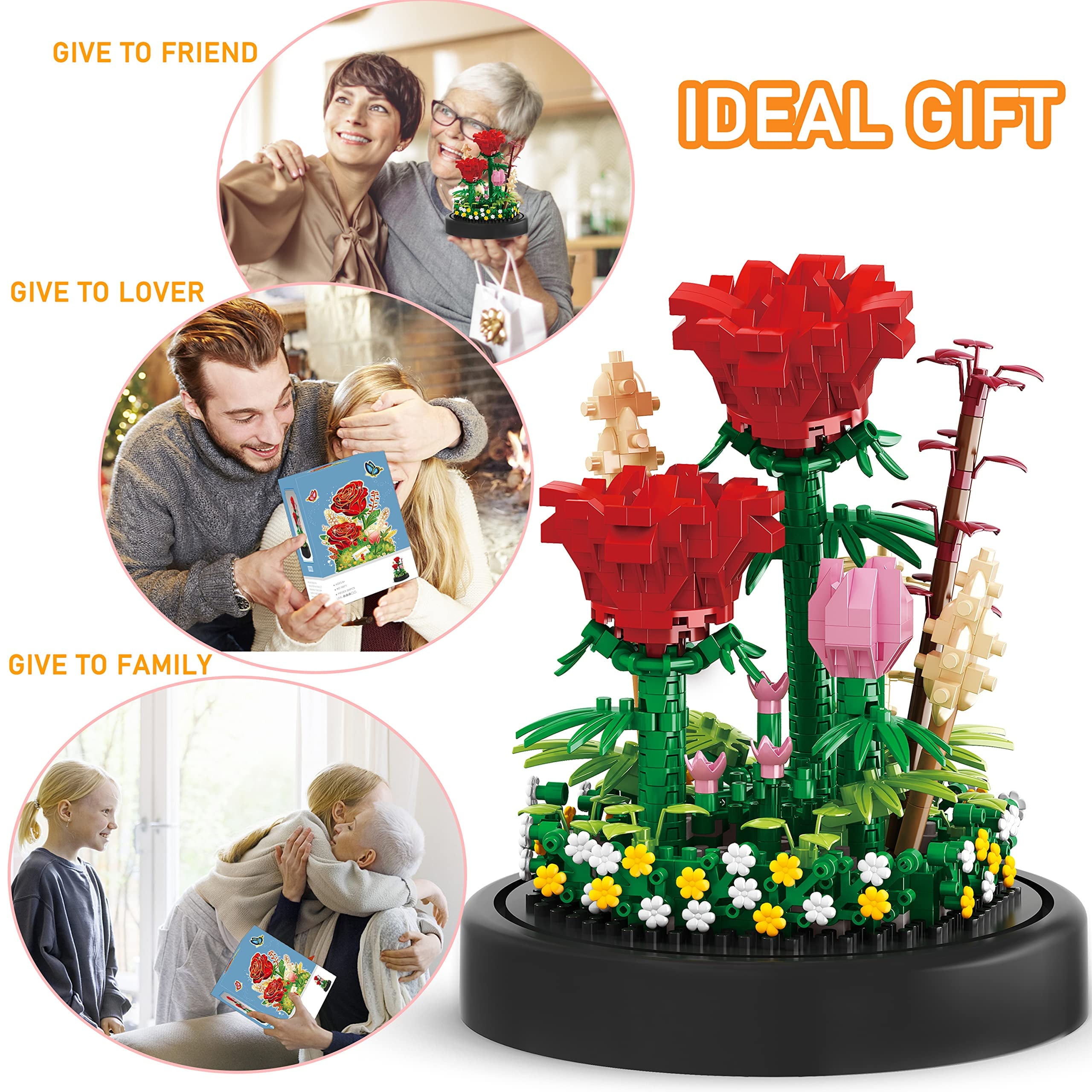 593 PCS Flower Rose Bouquet Building Kit DIY Flowers Toys Gift Bonsai Tree Sets with Cover Botanical Collection Building Blocks Bricks Mother'S Day Gift