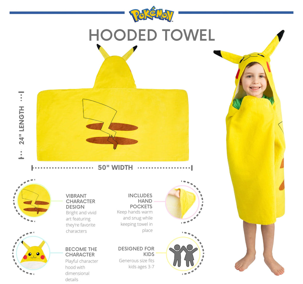 Kids Pikachu Bath Hooded Towel, Cotton, Yellow