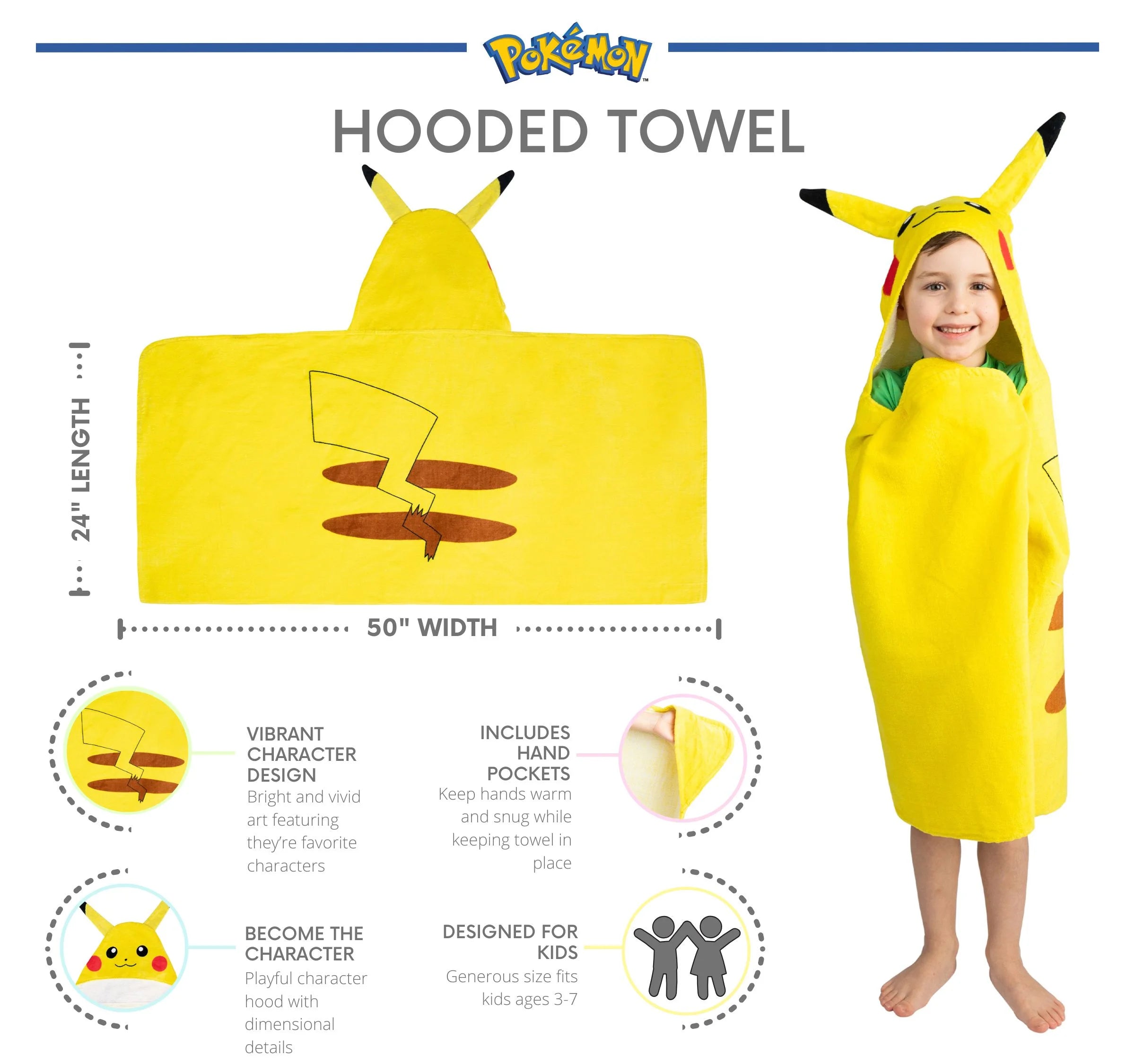 Kids Pikachu Bath Hooded Towel, Cotton, Yellow
