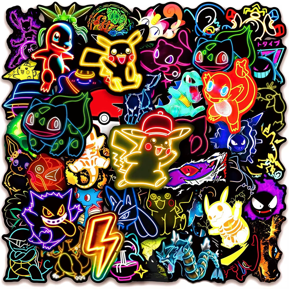 10/30/50Pcs Cool Anime Neon Pokemon Stickers Pikachu Cartoon Decals for Kids Toy Waterproof DIY Phone Skateboard Cute Sticker