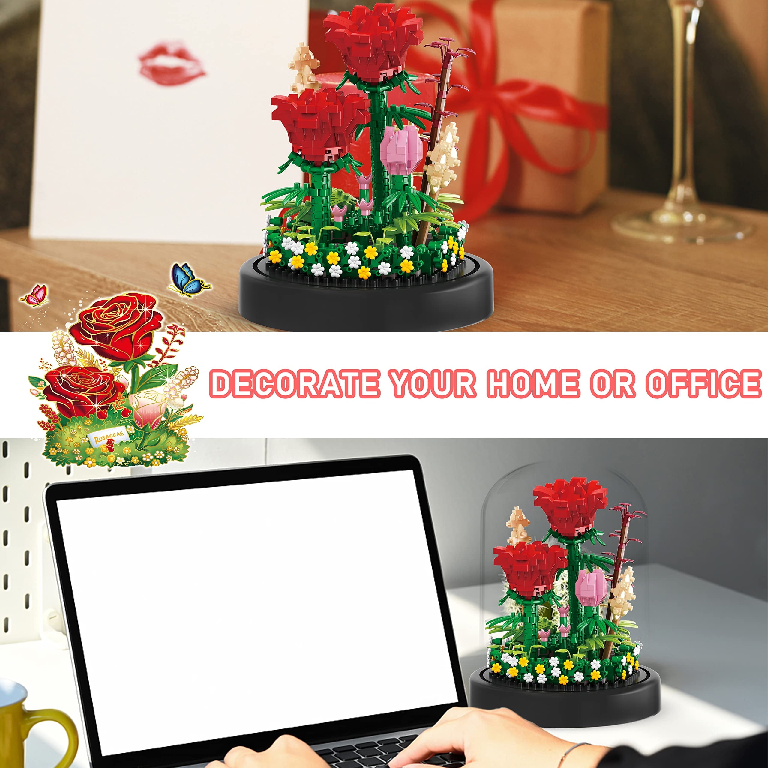593 PCS Flower Rose Bouquet Building Kit DIY Flowers Toys Gift Bonsai Tree Sets with Cover Botanical Collection Building Blocks Bricks Mother'S Day Gift