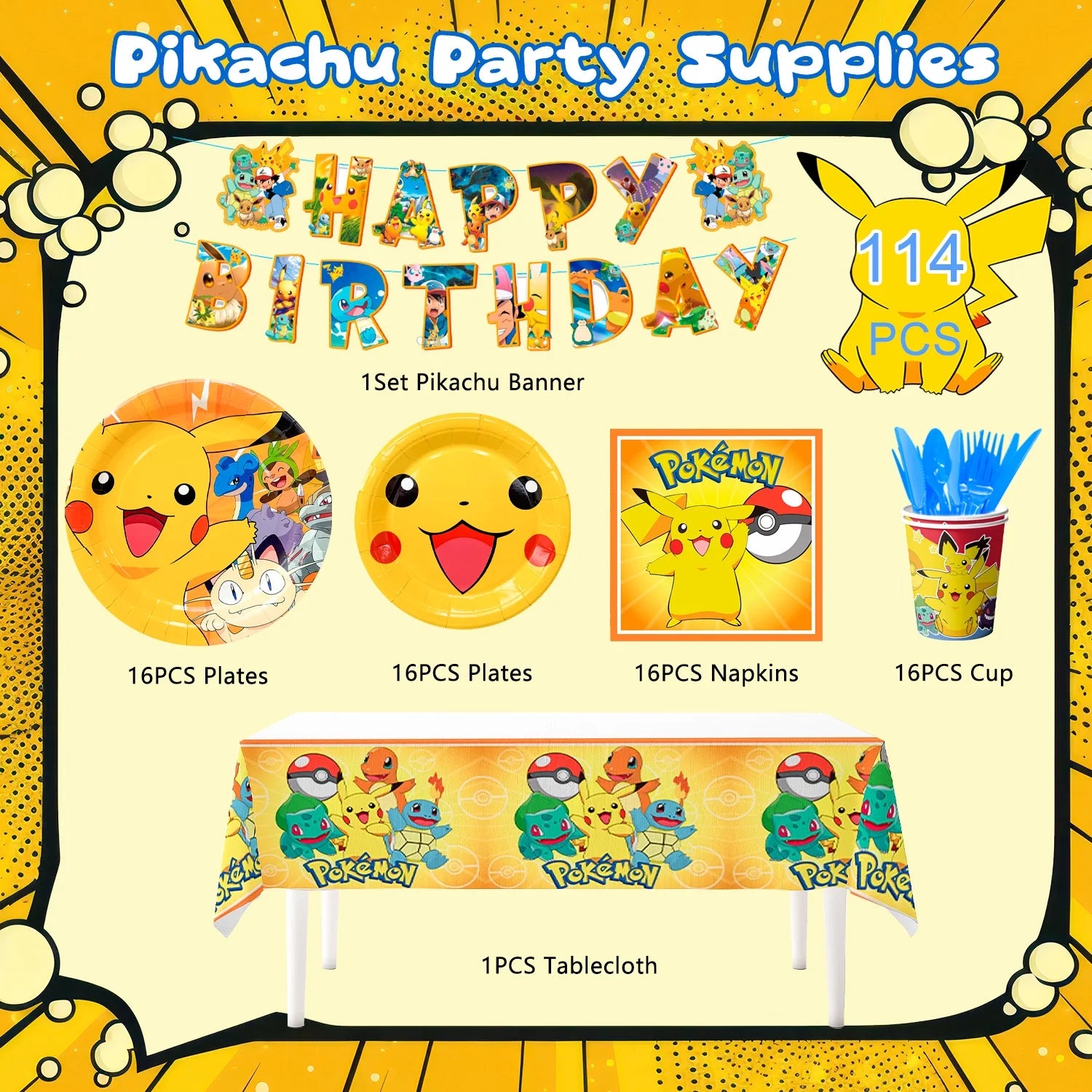 Pokemon Theme Birthday Party Decoration Tableware Set, 114 Pcs Pokemon Party Supplies Tableware - Pokemon Table Cloth Banner Plates Napkins Cups for Pokemon Birthday Party Decorations