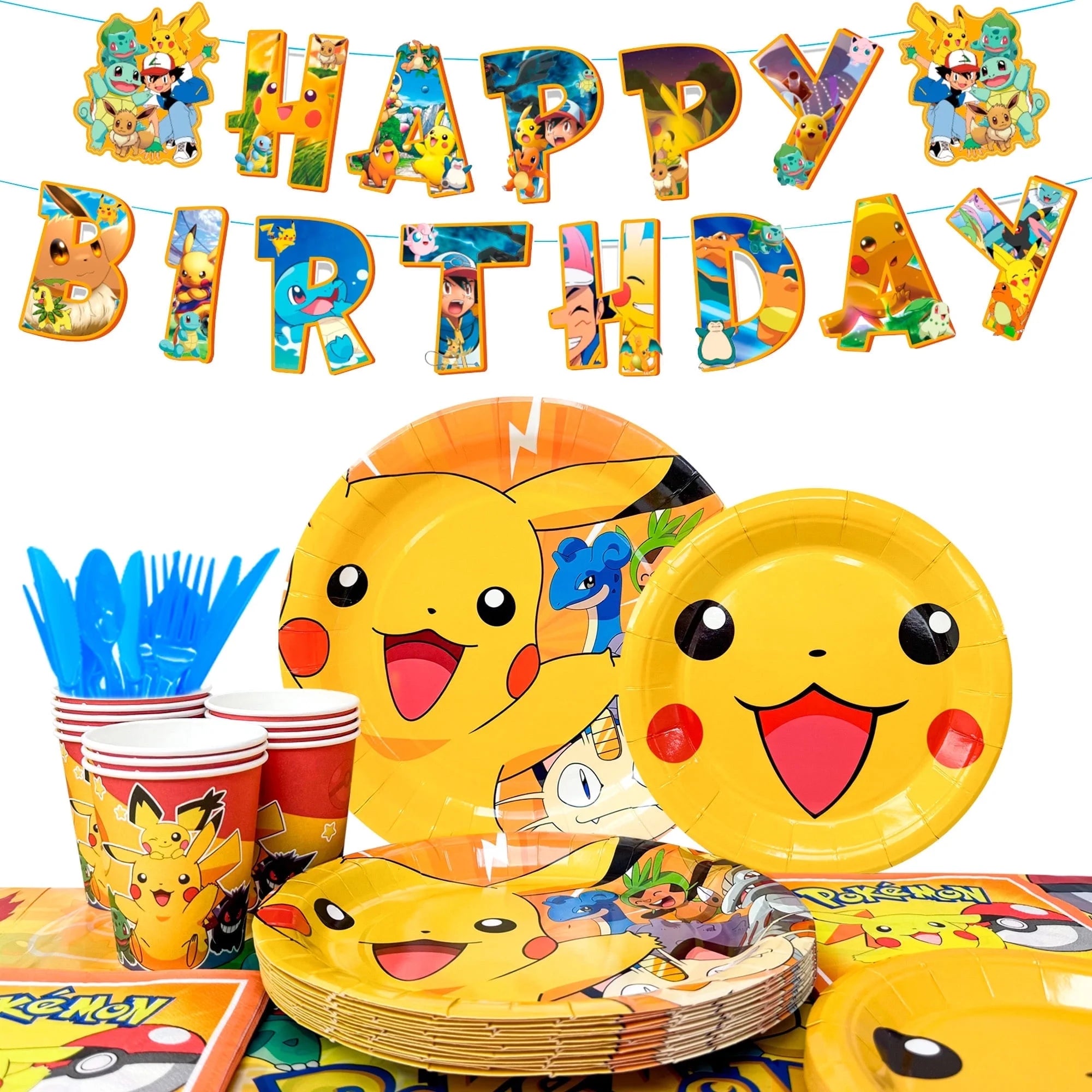 Pokemon Theme Birthday Party Decoration Tableware Set, 114 Pcs Pokemon Party Supplies Tableware - Pokemon Table Cloth Banner Plates Napkins Cups for Pokemon Birthday Party Decorations