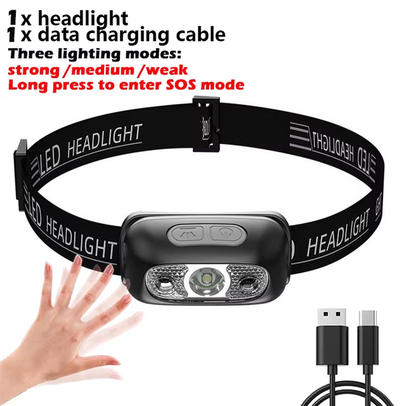 LED Headlamp Flashlight Rechargeable Induction Light Fishing Lamp Light Support White Light Ultra-Light Emergency Climbing Light