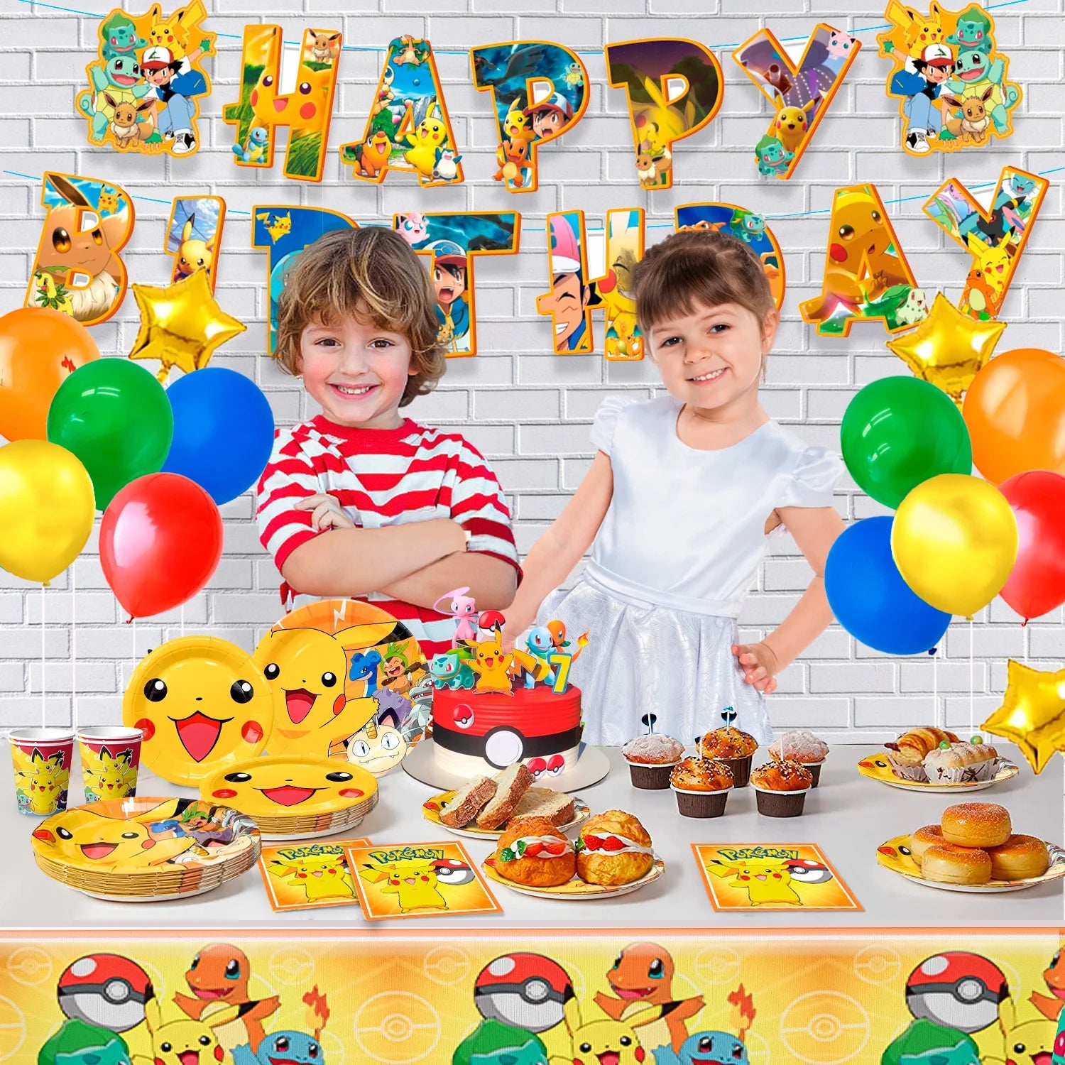 Pokemon Theme Birthday Party Decoration Tableware Set, 114 Pcs Pokemon Party Supplies Tableware - Pokemon Table Cloth Banner Plates Napkins Cups for Pokemon Birthday Party Decorations