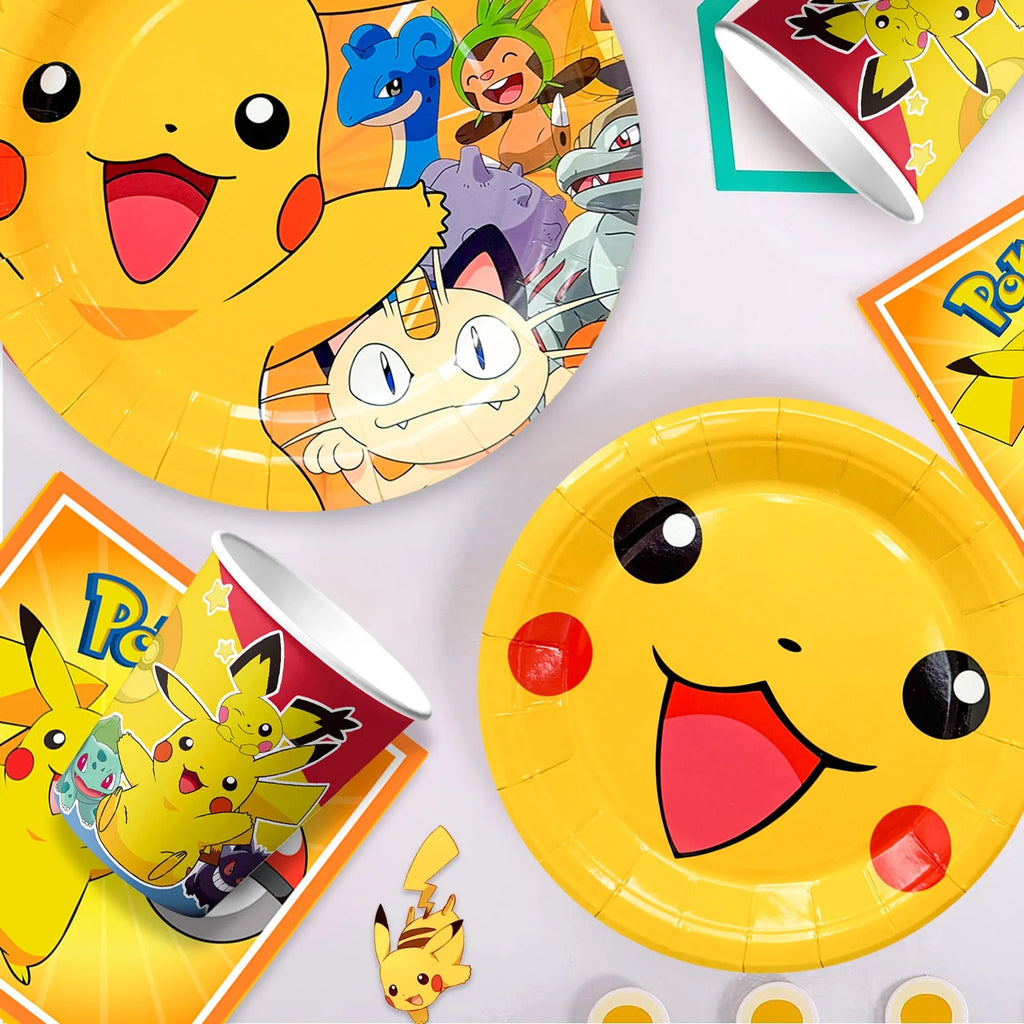 Pokemon Theme Birthday Party Decoration Tableware Set, 114 Pcs Pokemon Party Supplies Tableware - Pokemon Table Cloth Banner Plates Napkins Cups for Pokemon Birthday Party Decorations