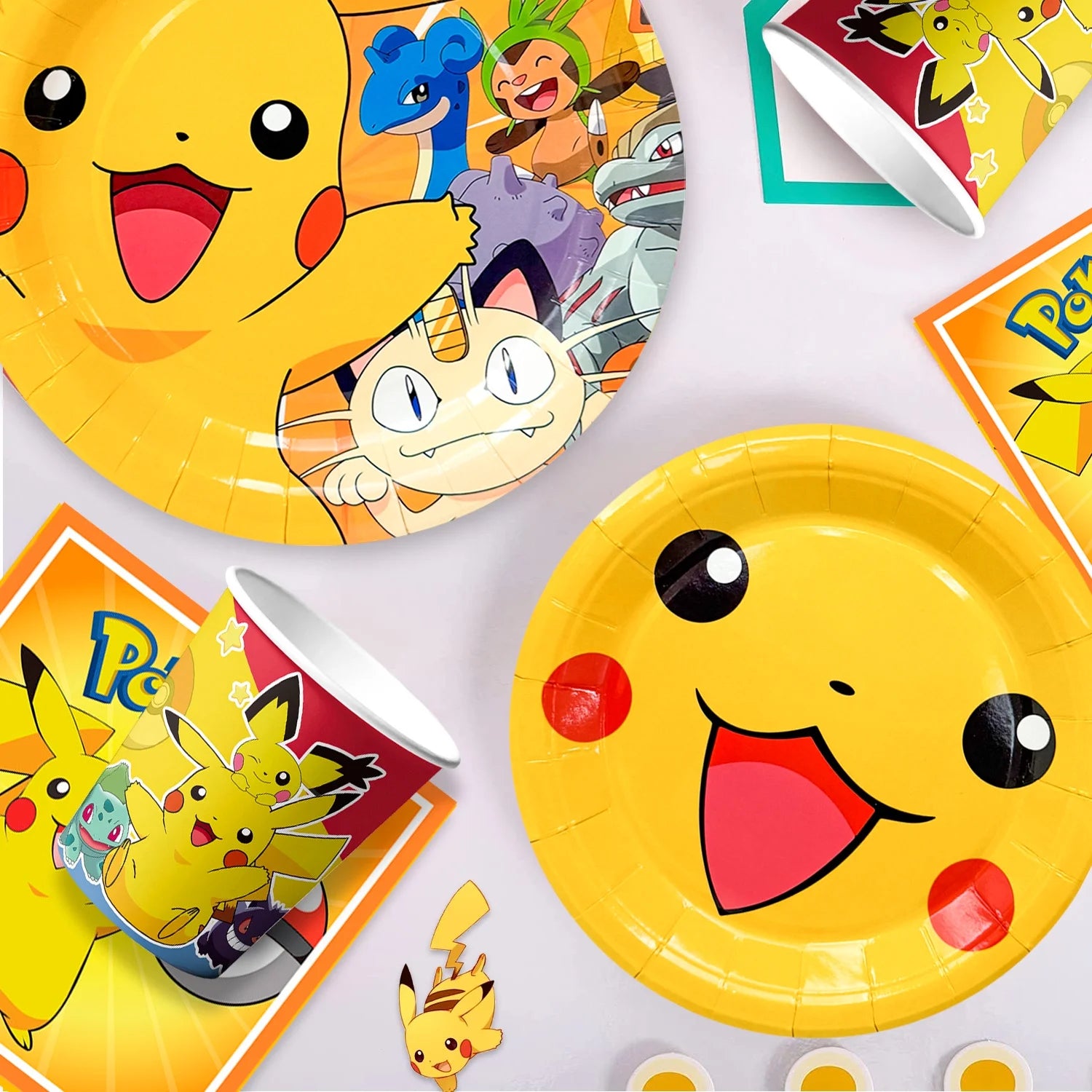 Pokemon Theme Birthday Party Decoration Tableware Set, 114 Pcs Pokemon Party Supplies Tableware - Pokemon Table Cloth Banner Plates Napkins Cups for Pokemon Birthday Party Decorations