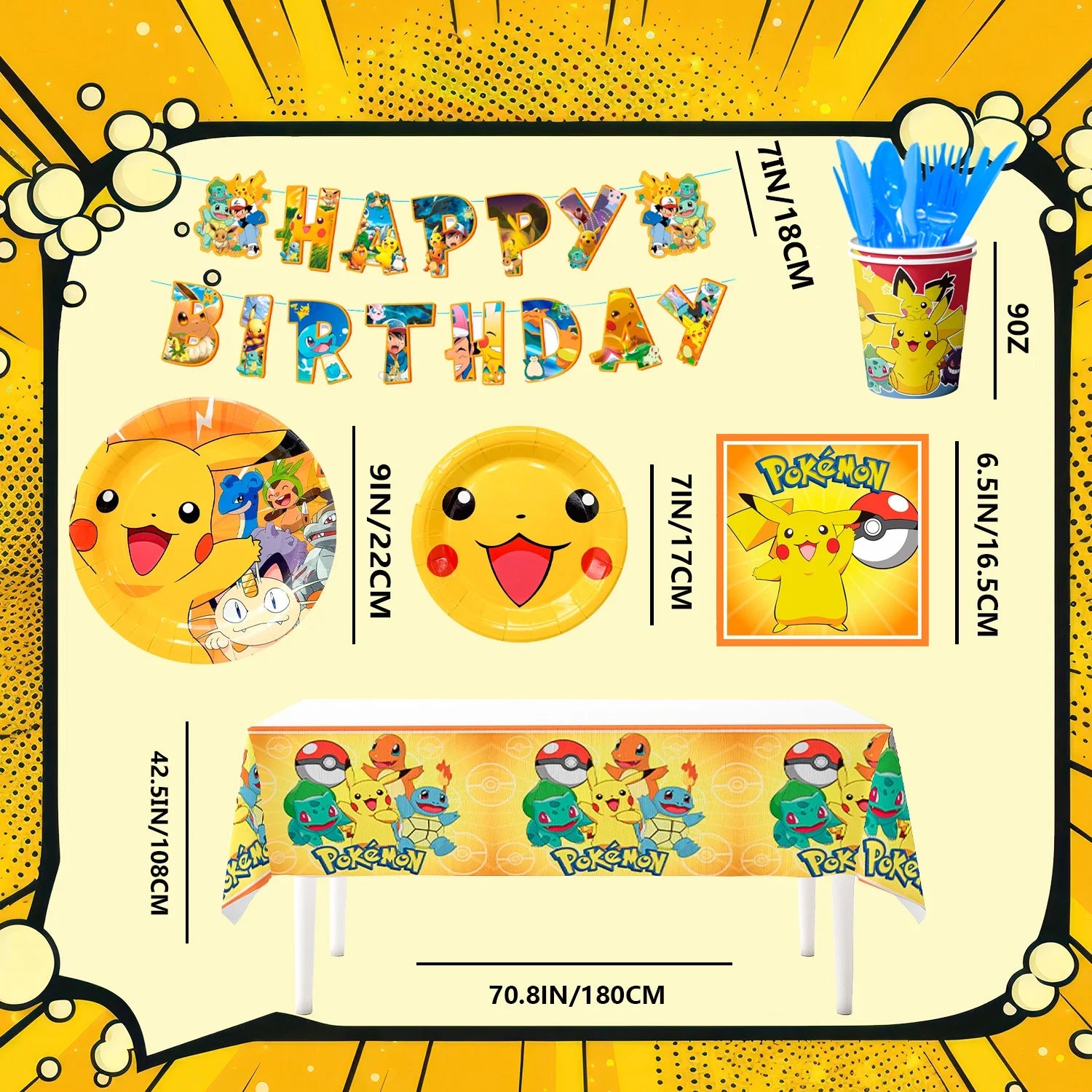 Pokemon Theme Birthday Party Decoration Tableware Set, 114 Pcs Pokemon Party Supplies Tableware - Pokemon Table Cloth Banner Plates Napkins Cups for Pokemon Birthday Party Decorations