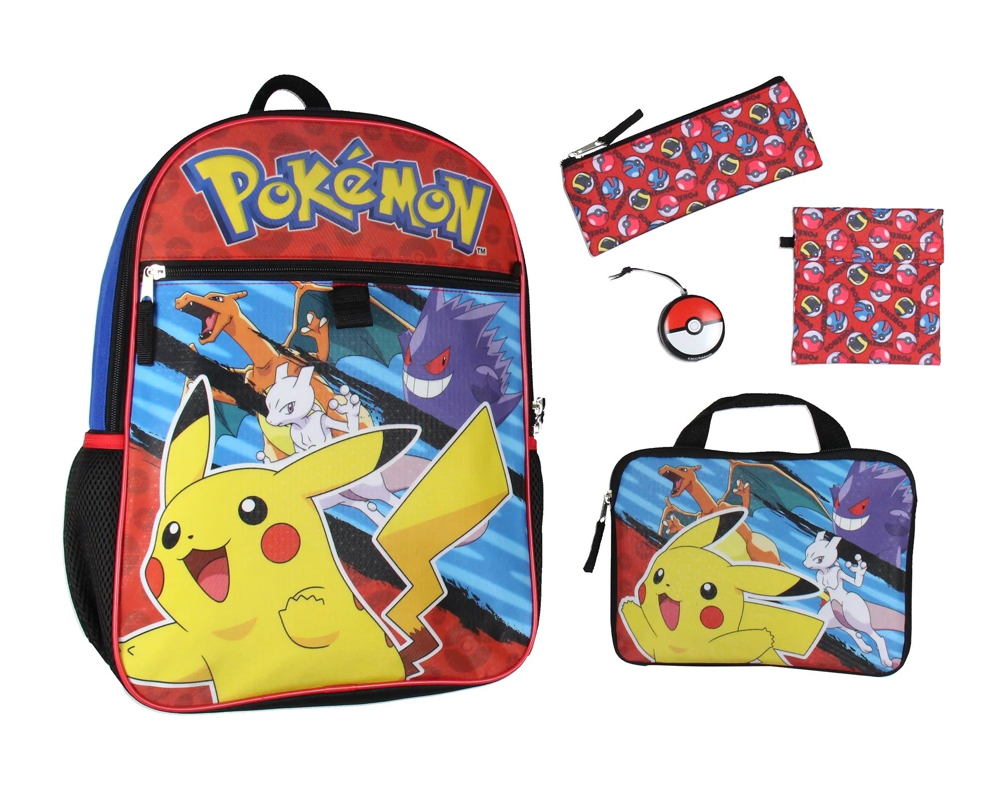 Pokemon 16" Backpack Set with Card Carrier, Pencil Case, Snack Bag, Stress Toy, Red, 5-Piece