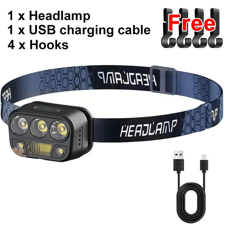 LED Headlamp Flashlight Rechargeable Induction Light Fishing Lamp Light Support White Light Ultra-Light Emergency Climbing Light